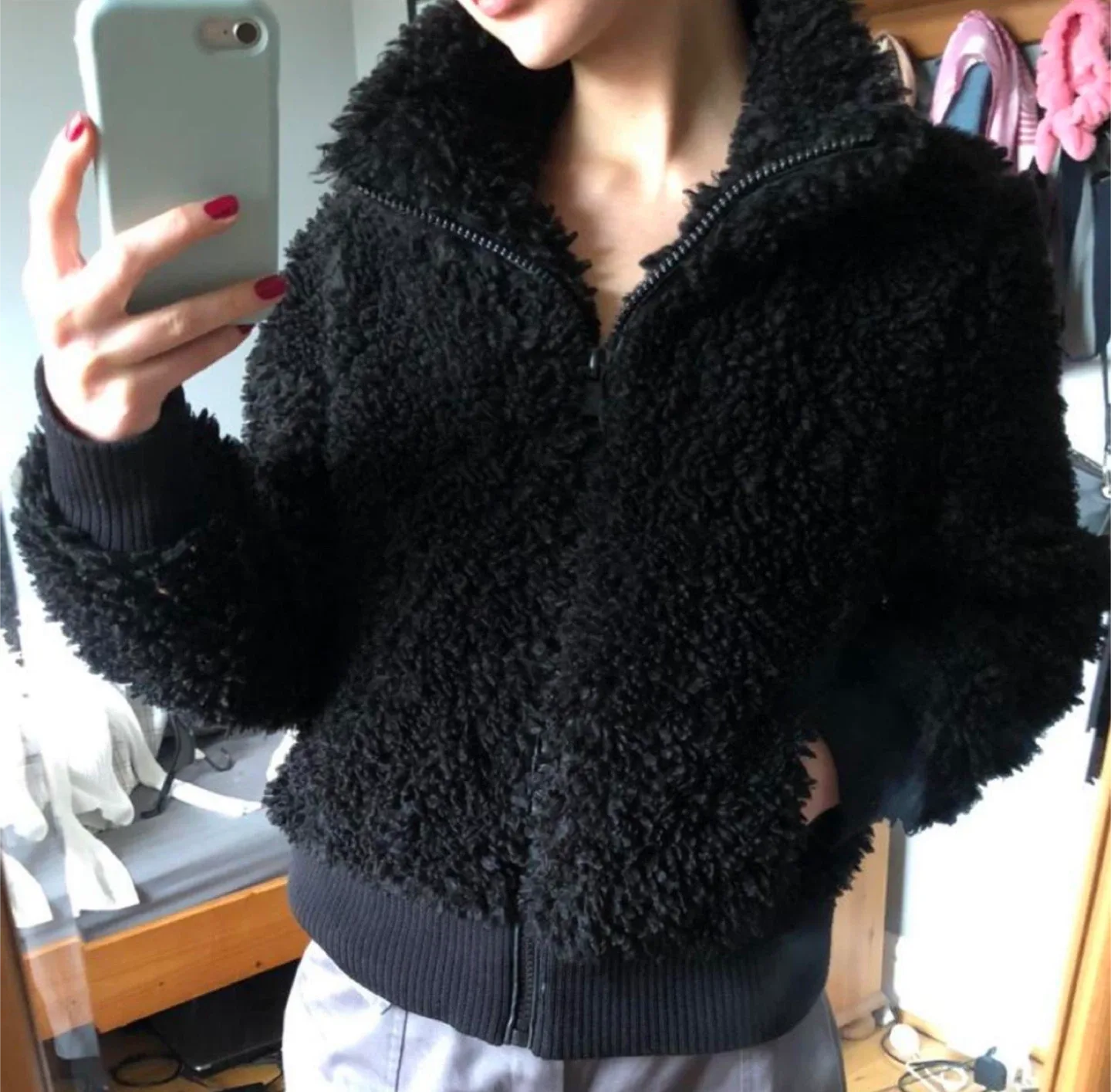 Zara TRF Collection Black Fuzzy Jacket - Size M thumbnail