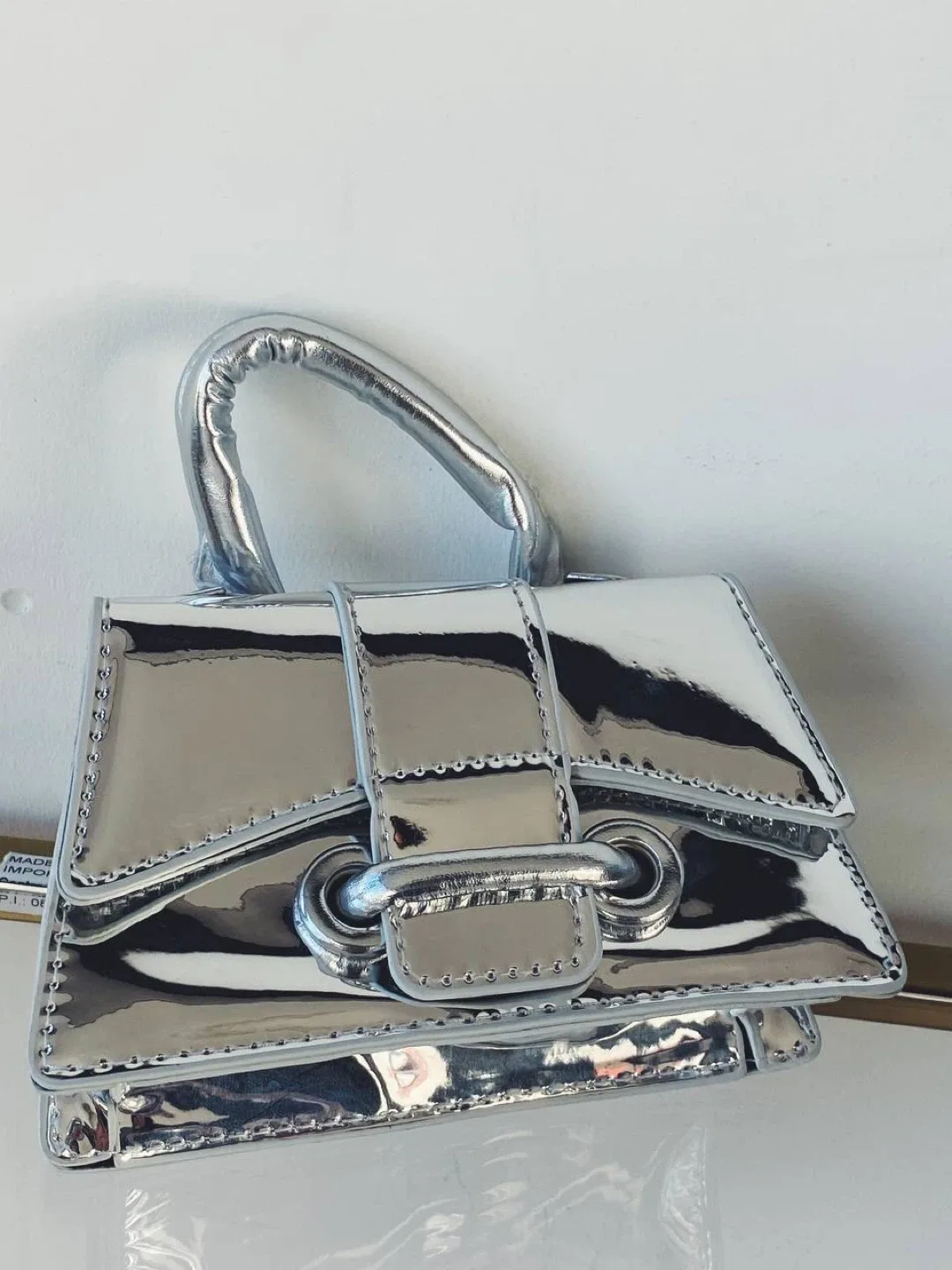 Silver mini mirror bag with chain strap thumbnail