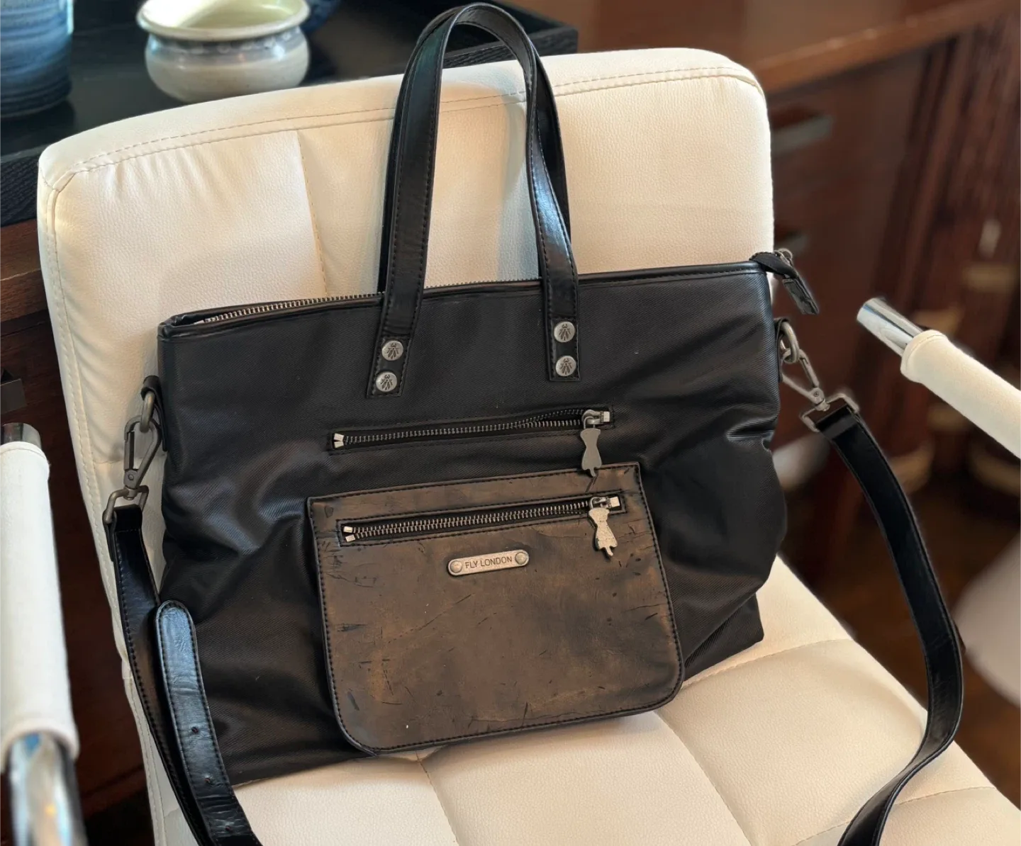 Fly London Black Leather Canvas Bag Thrashed thumbnail