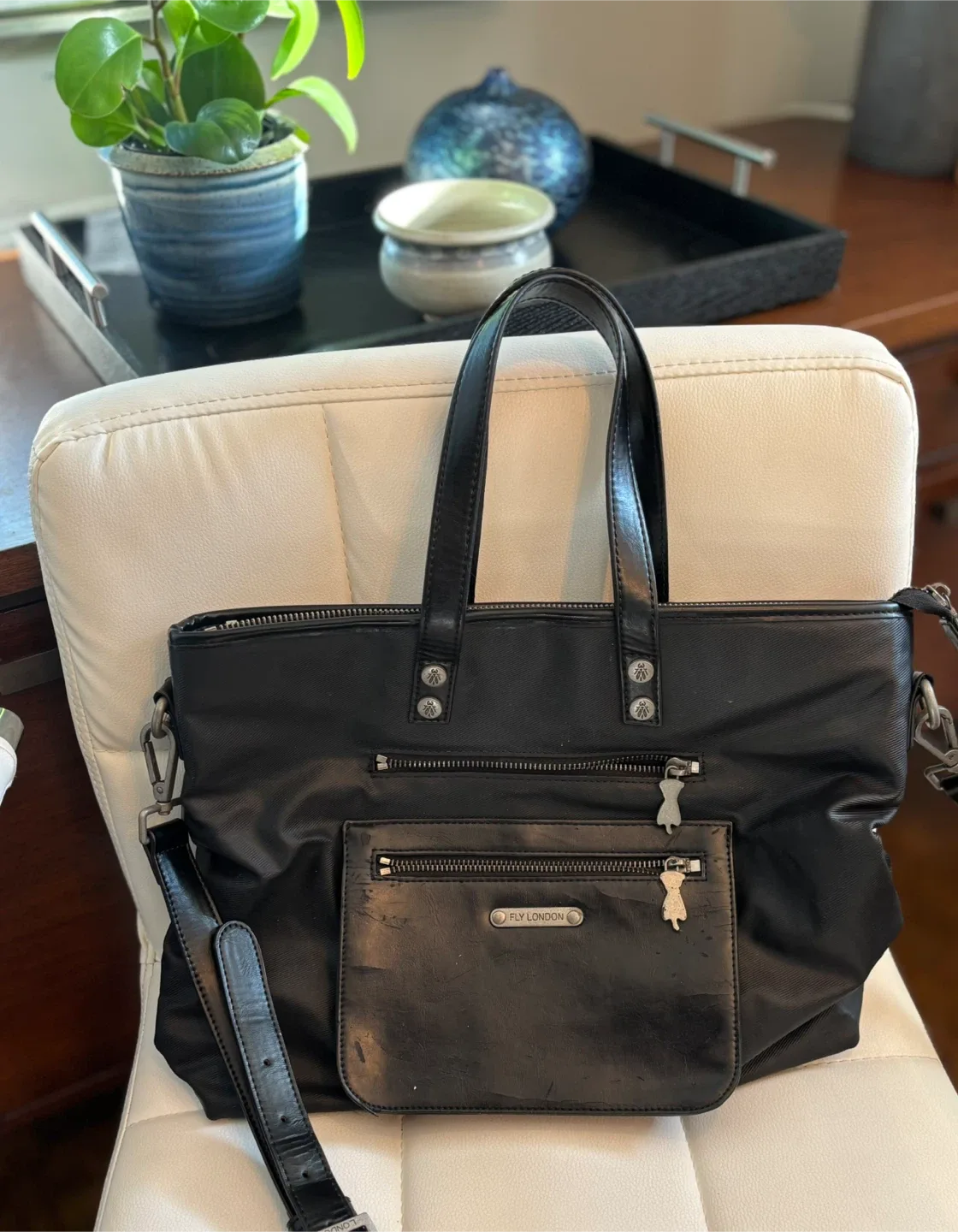 Fly London Black Leather Canvas Bag Thrashed image indicator(3)