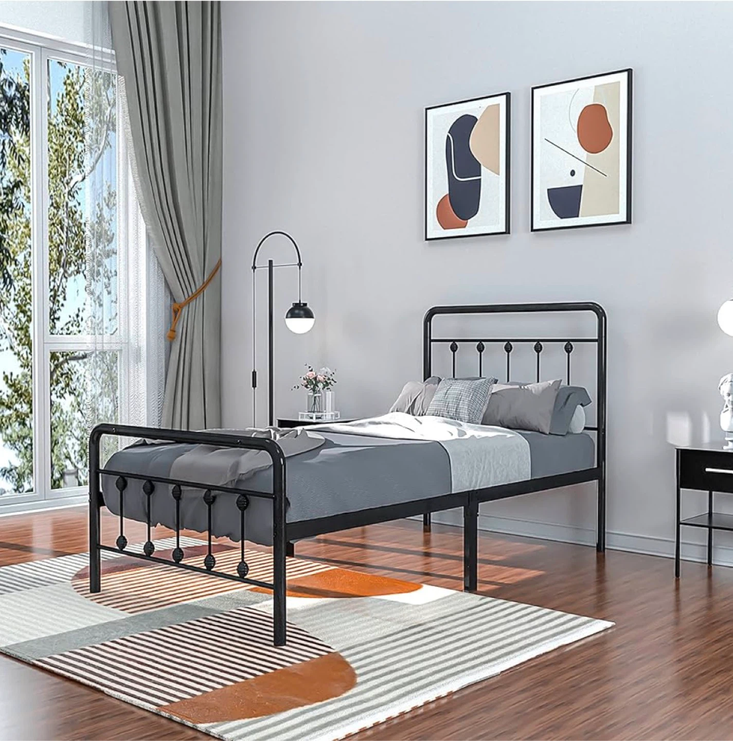 Metal Bed Frame Twin Size, Steel Grey