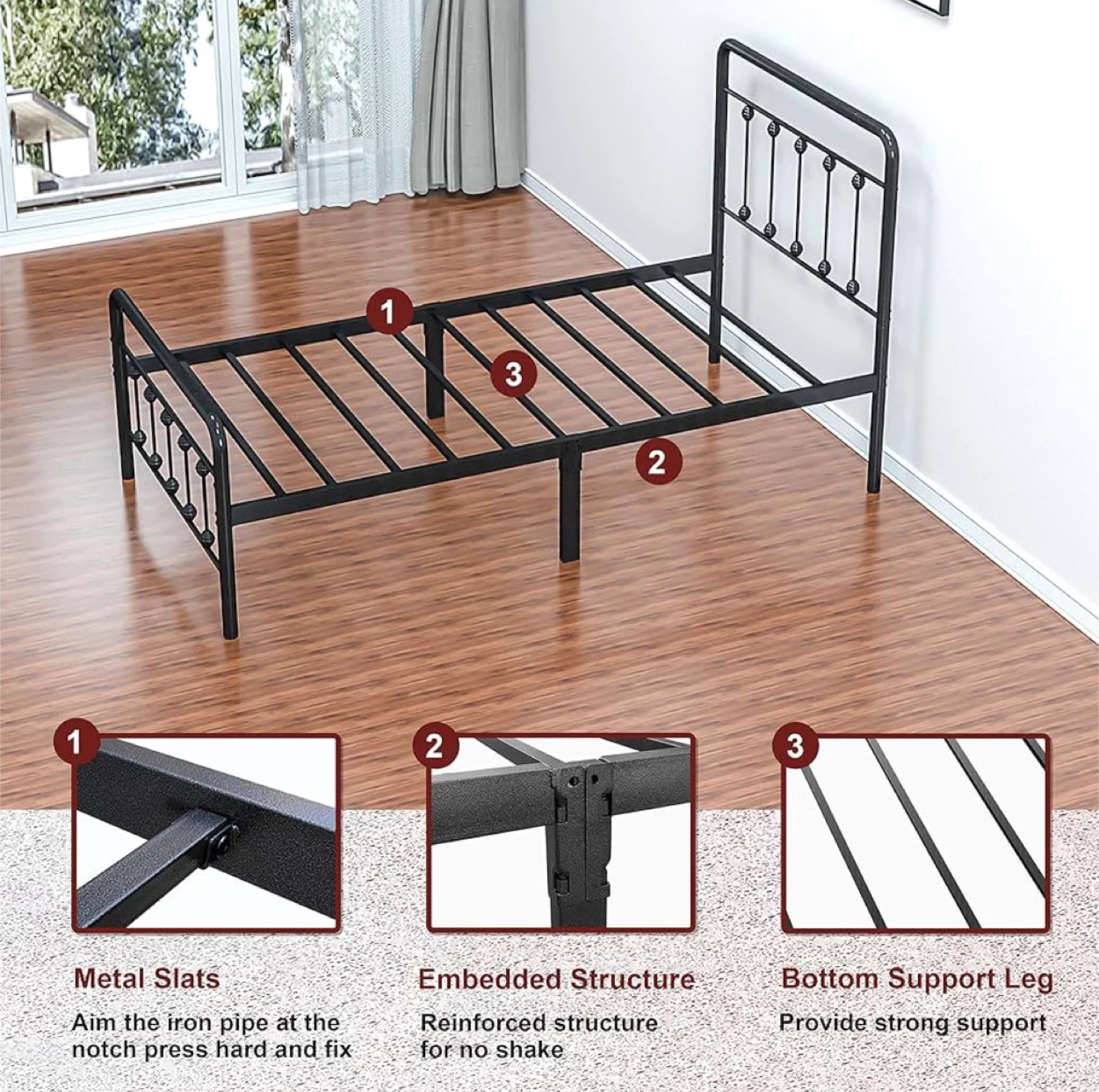 Metal Bed Frame Twin Size, Steel Grey - photo 3