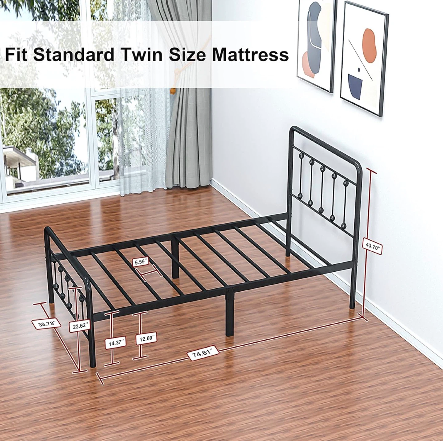 Metal Bed Frame Twin Size, Steel Grey - photo 2