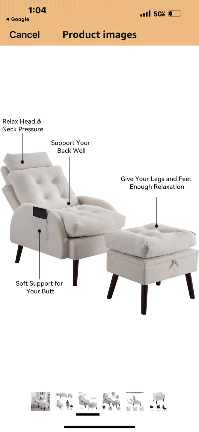 Cream Tufted Recliner Chair with Ottoman image indicator(2)