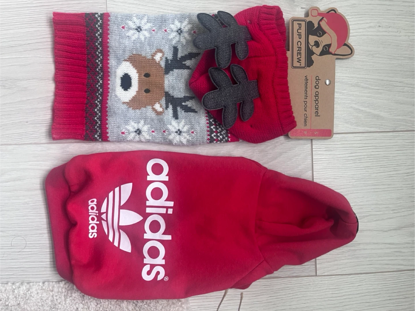 Adidas Dog Hoodie & Pup Crew Reindeer Sweater (S)
