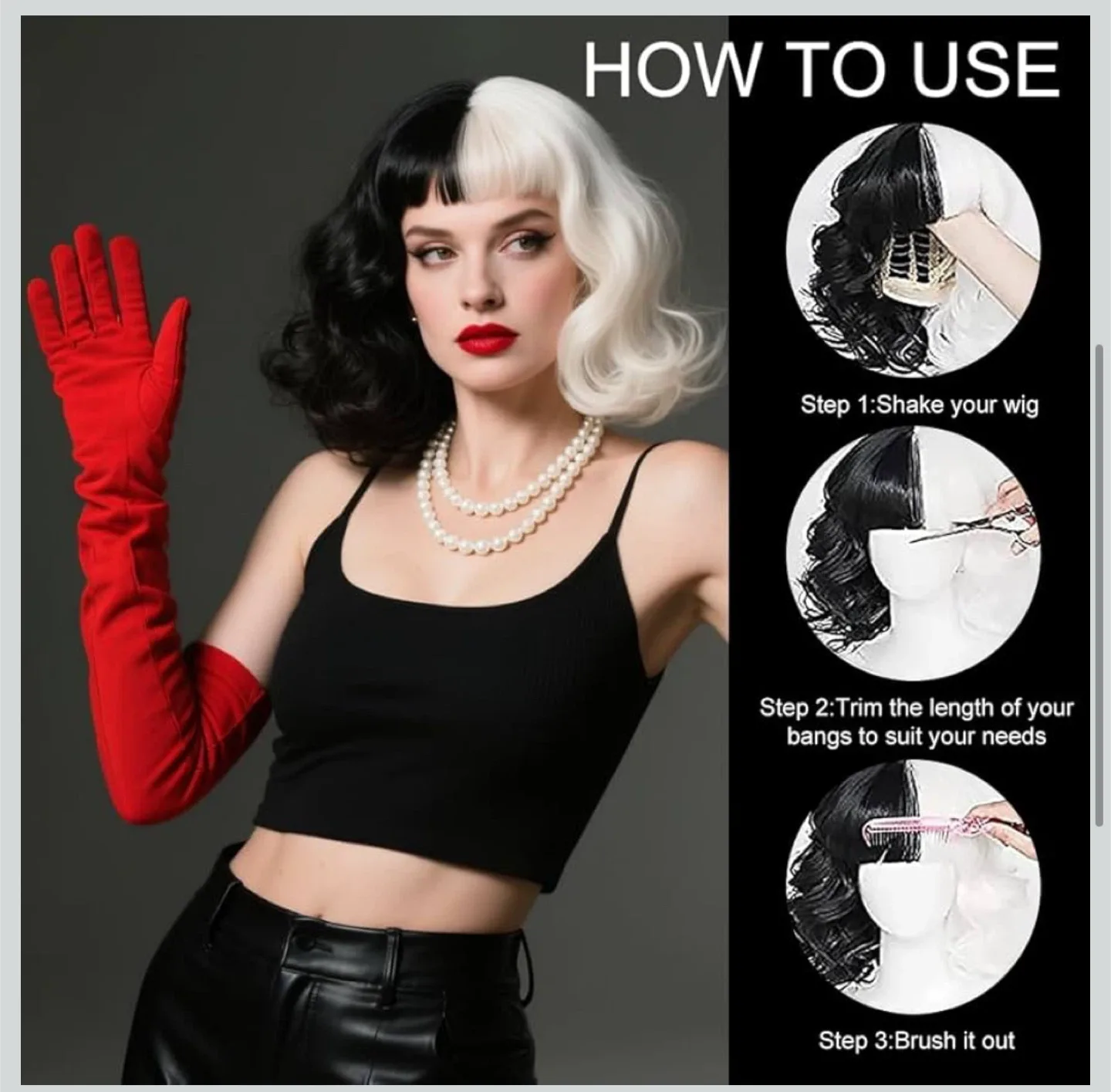 Cruella De Vil Costume Wig, Gloves, Necklace, Wand image indicator(4)