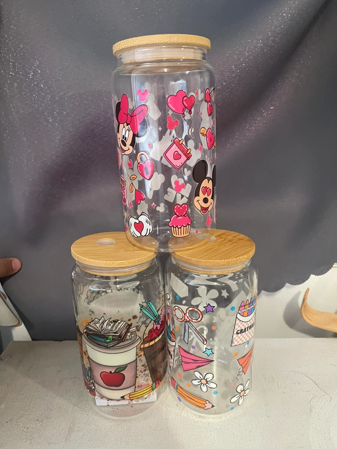Decorated Glass Tumblers with Bamboo Lids