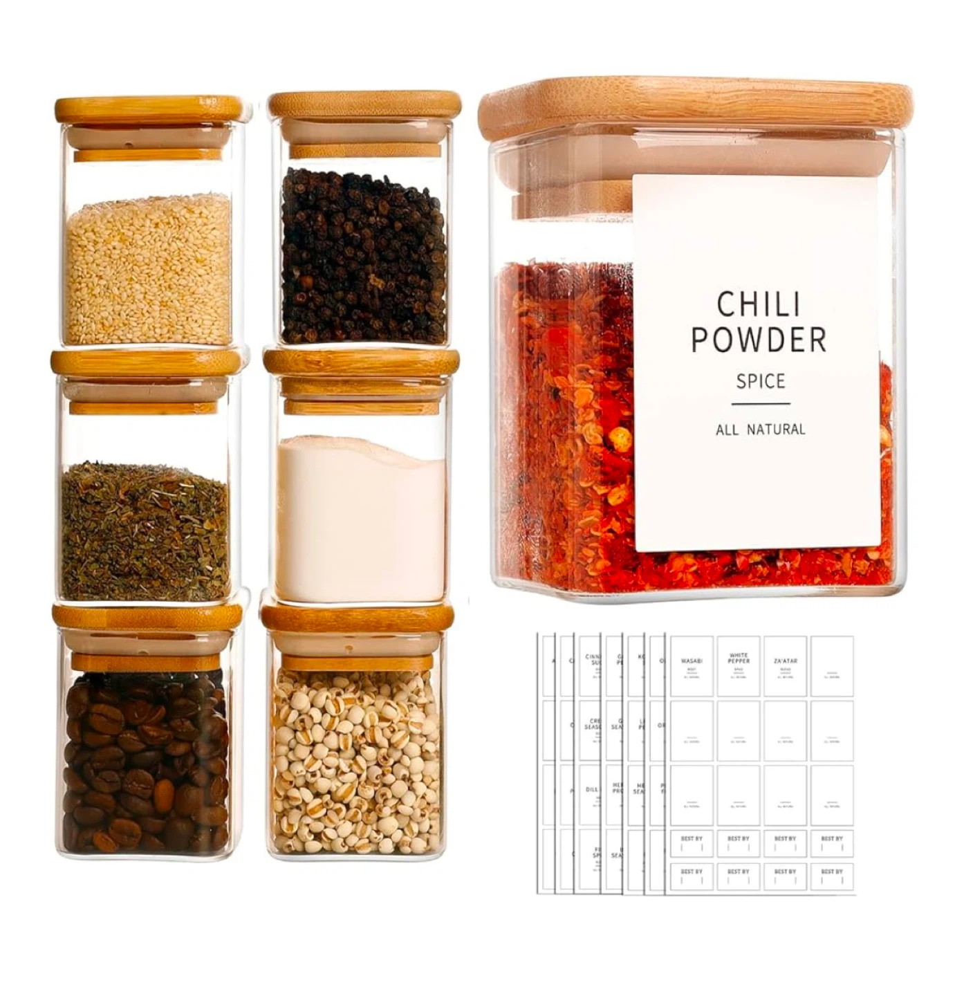 HHMJSM Square Glass Spice Jars Set - 12 Pack