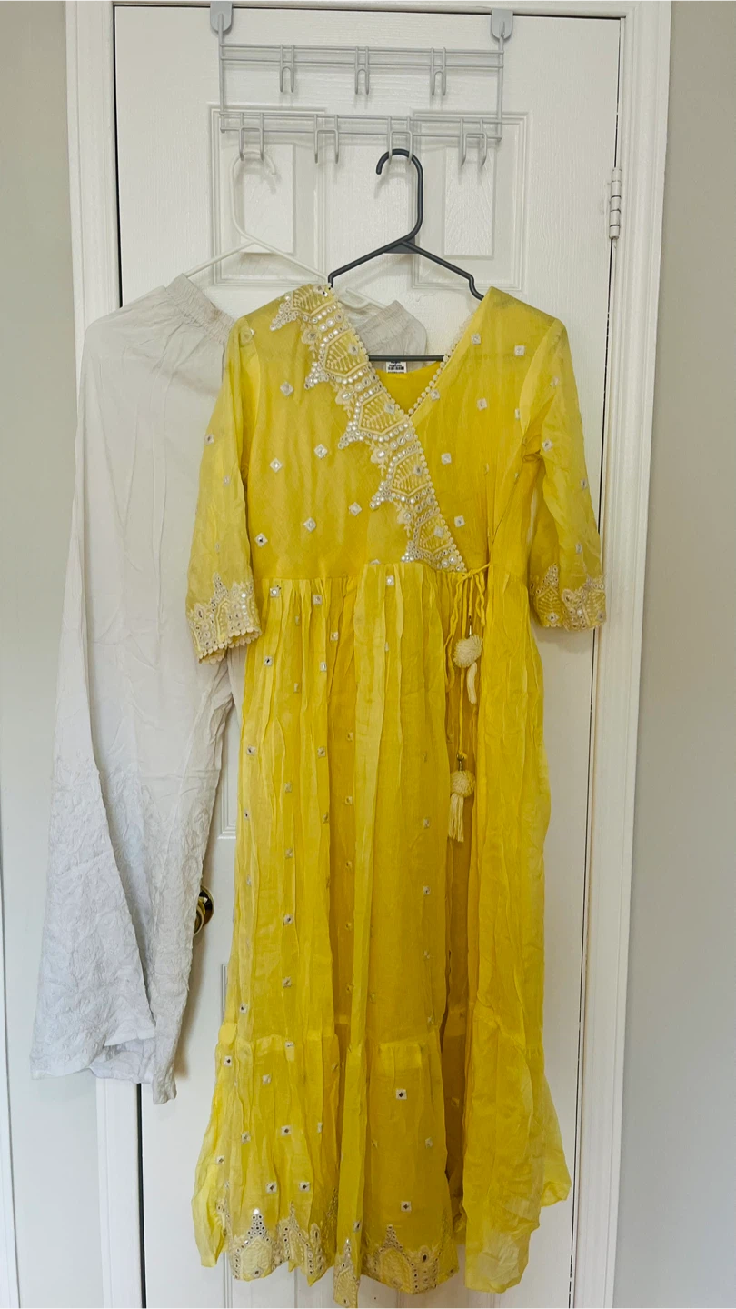 Yellow Embroidered Dress with White Pants
