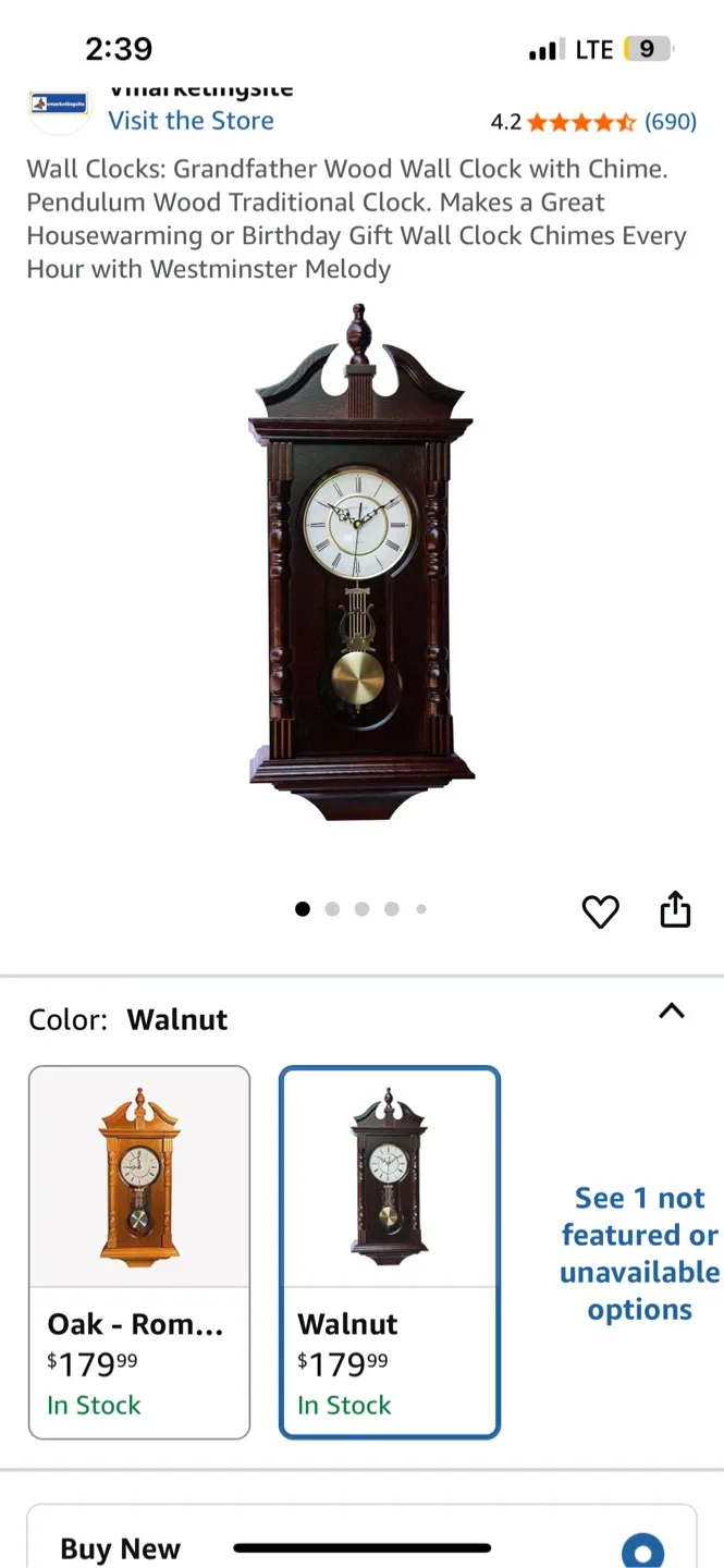 Grandfather Wood Wall Clock with Chime - Walnut thumbnail