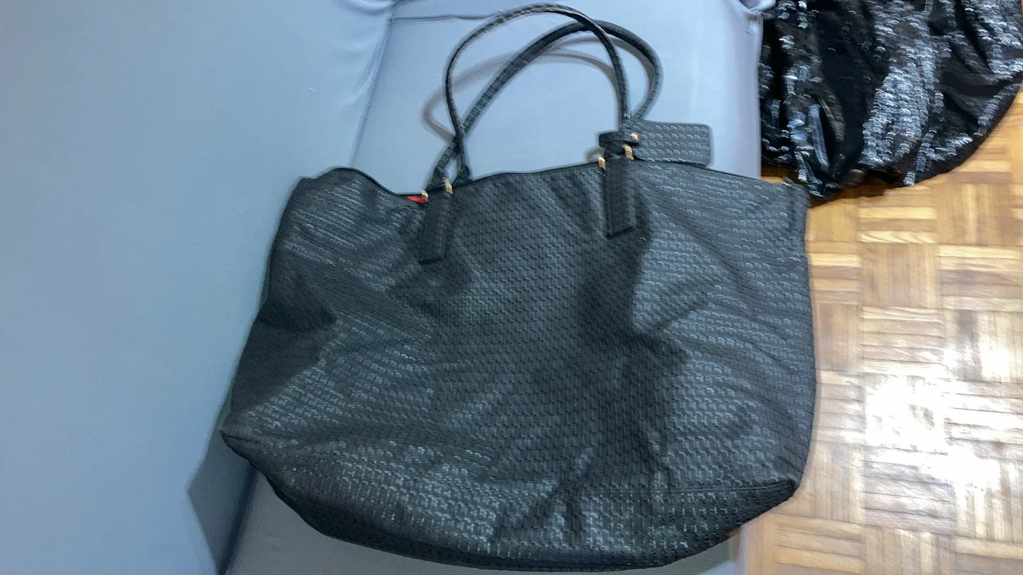Black Woven Tote Bag with Red Lining thumbnail