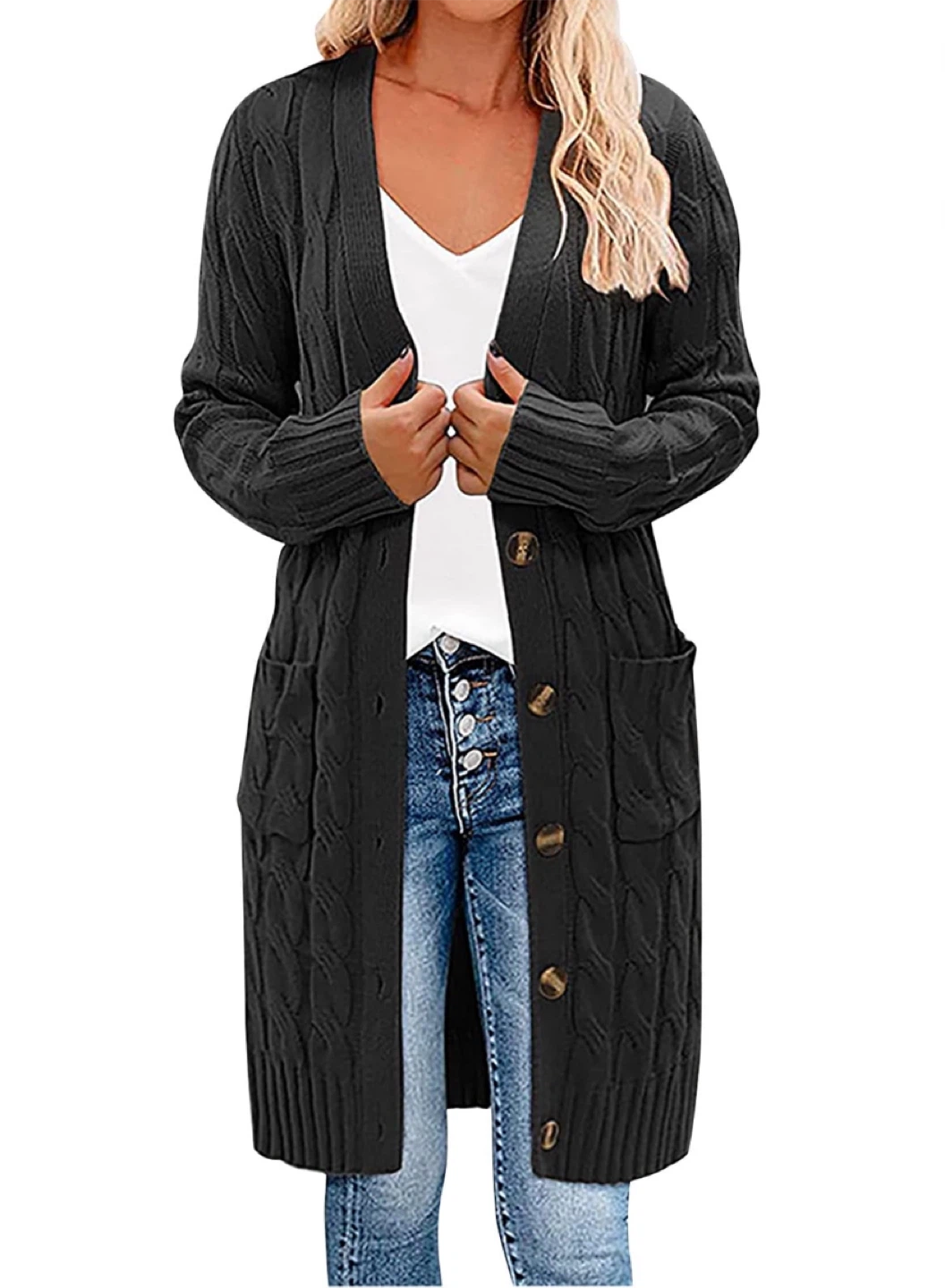 NEW! SYZRI Classic Long Black Knit Cardigan with Buttons