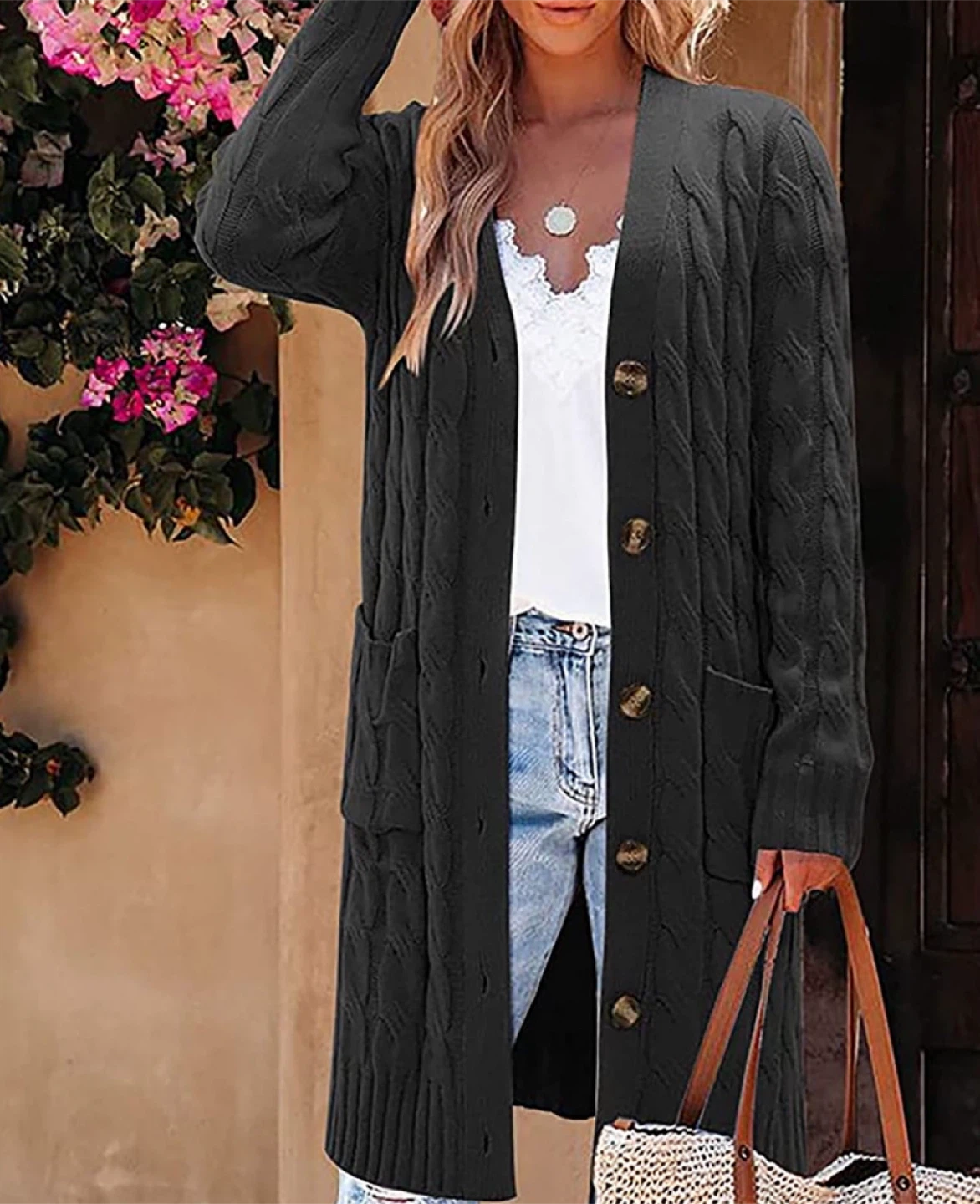 NEW! SYZRI Classic Long Black Knit Cardigan with Buttons - photo 2