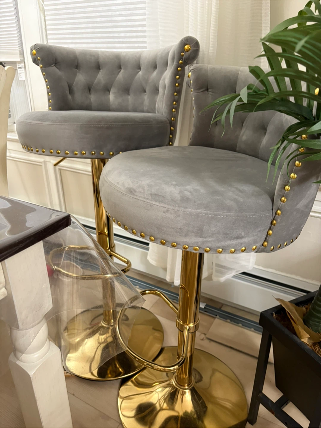 Gray Velvet Bar Stools (Set of 2)