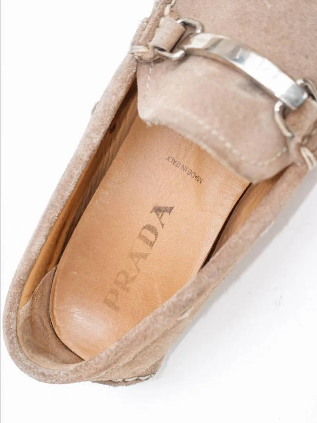 Prada Beige Suede Loafers with Silver Buckle image indicator(2)