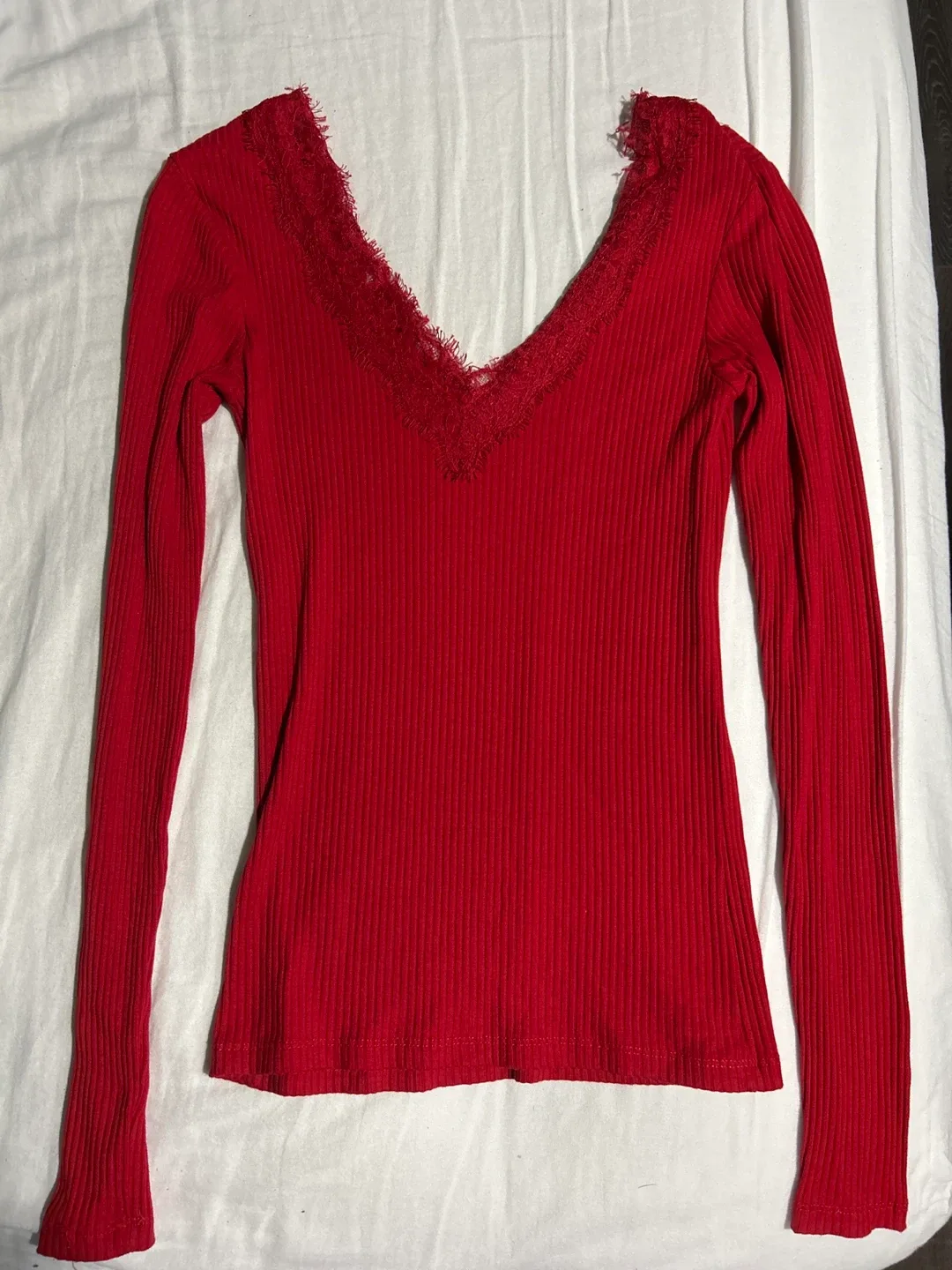 Red Long Sleeve Top with Lace Trim