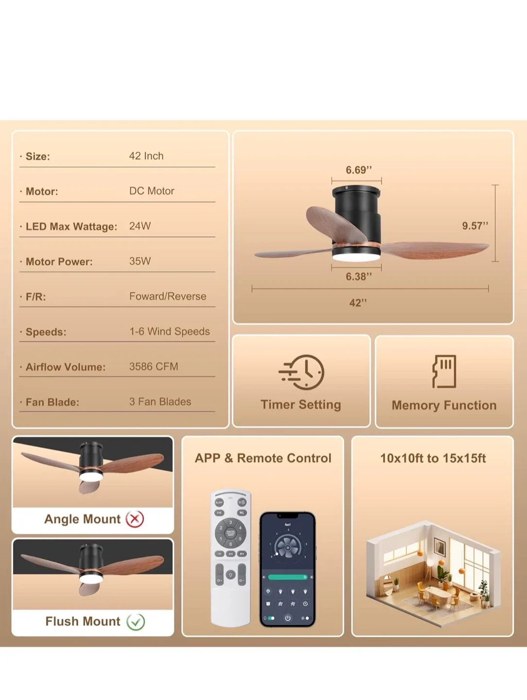 Ohniyou 42" Walnut Ceiling Fan w/ Light & Remote image indicator(6)