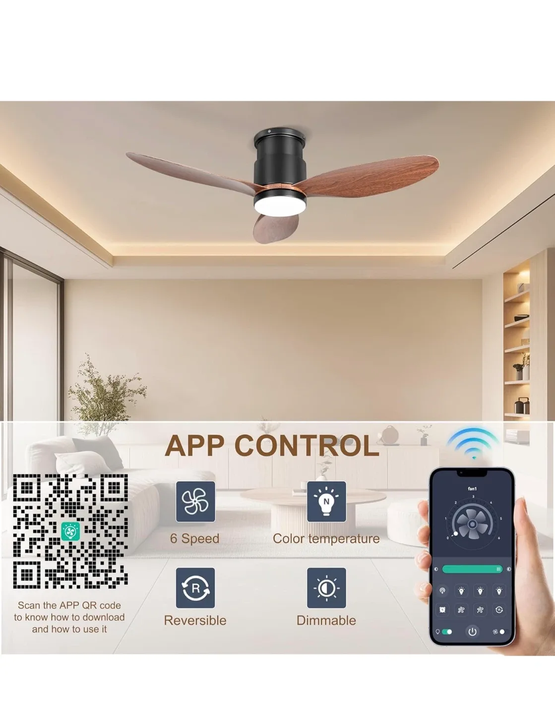 Ohniyou 42" Walnut Ceiling Fan w/ Light & Remote image indicator(7)