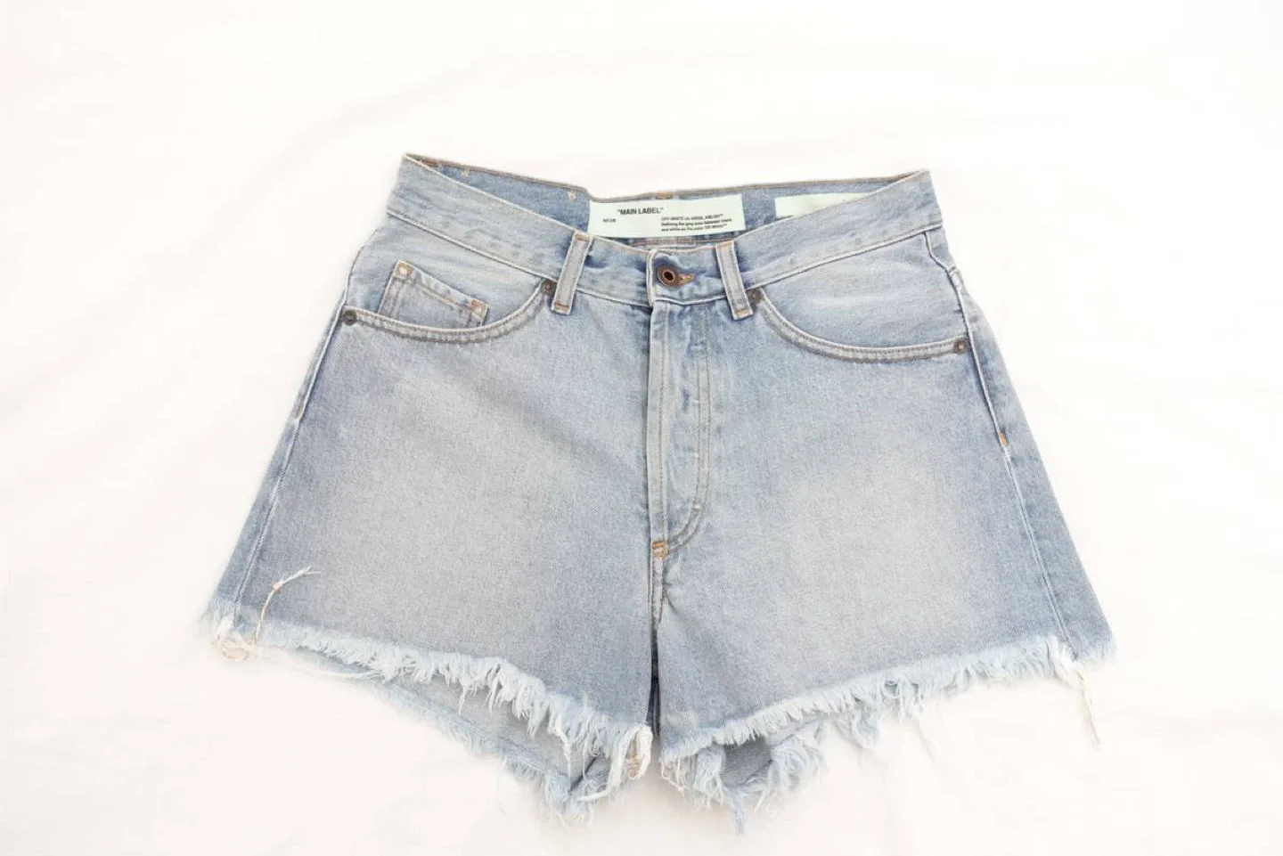 Off-White 2013 Denim Cut Off Shorts with Diagonal Stripe Size 26 image indicator(2)