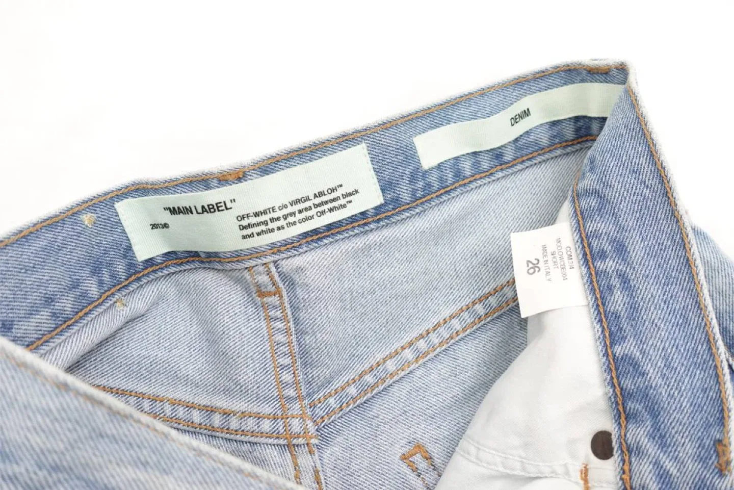 Off-White 2013 Denim Cut Off Shorts with Diagonal Stripe Size 26 image indicator(3)