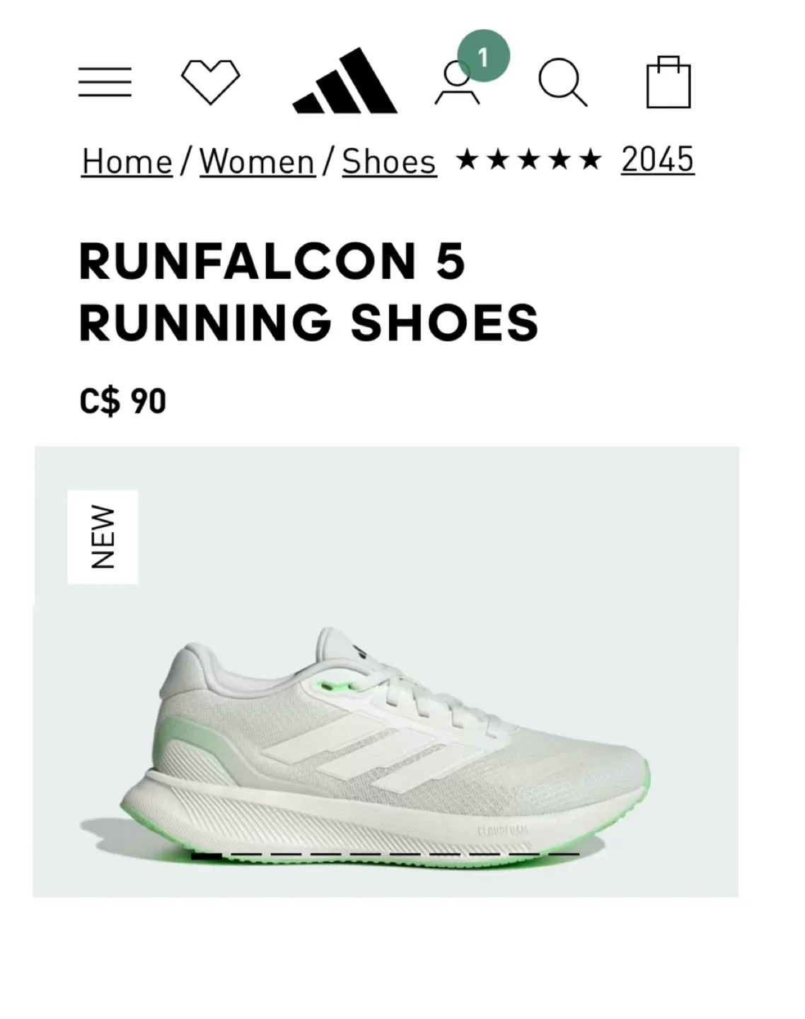 Brand New Adidas Runfalcon 5 Running Shoes - Women's 5 thumbnail