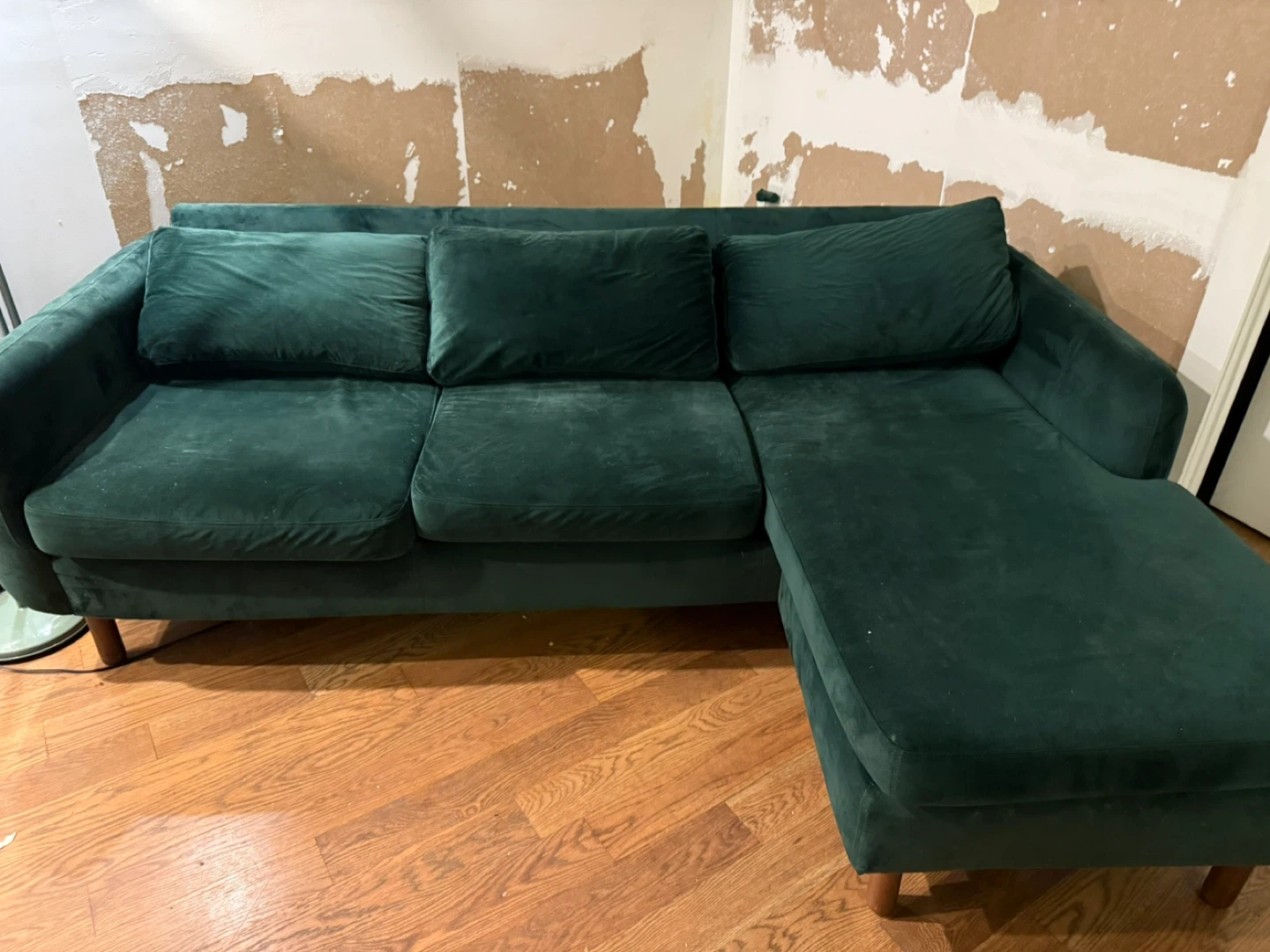 Green Velvet L-Shape Sectional Sofa with Ottoman - photo 2