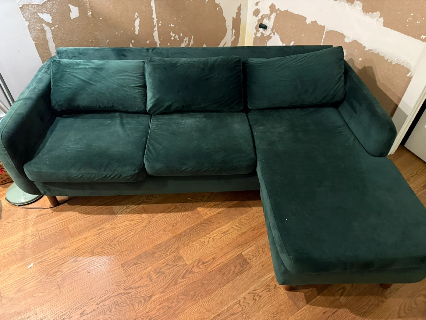 Green Velvet L-Shape Sectional Sofa with Ottoman