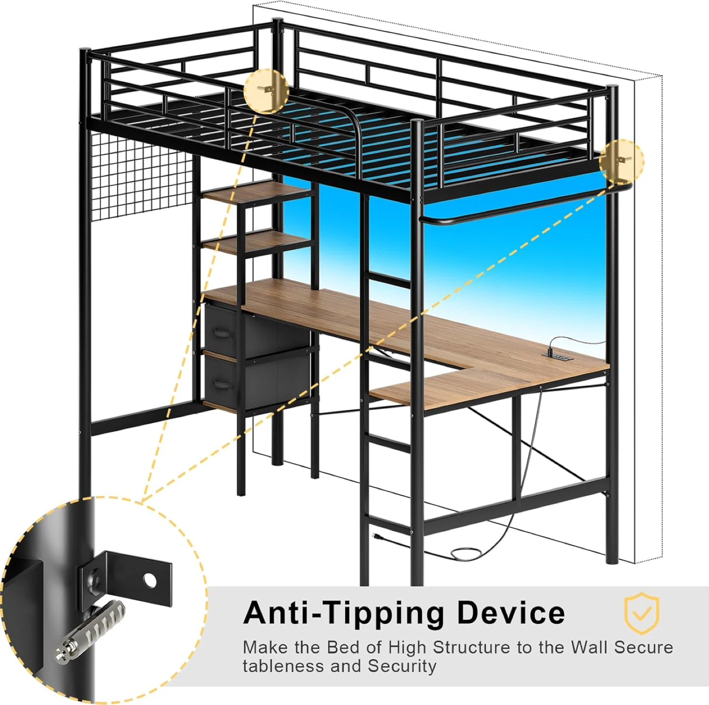 Black Metal Loft Bed with Desk - photo 2