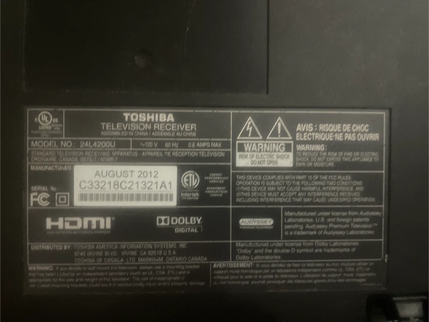 Toshiba 24L4200U 24" Television Receiver image indicator(3)