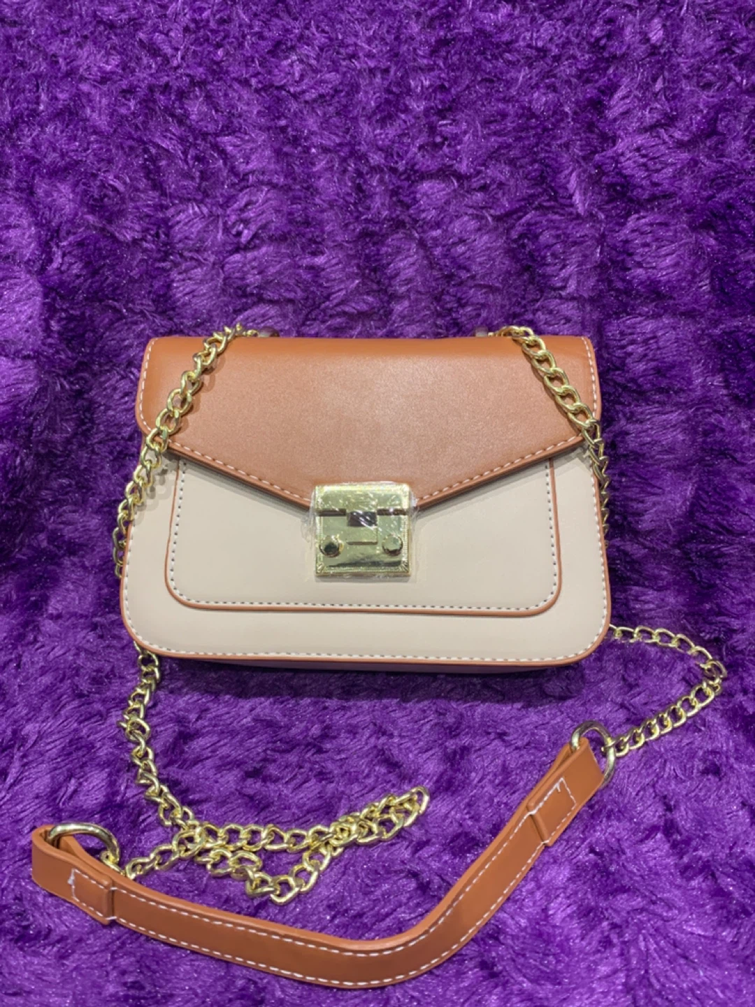 Beige & Brown Chain Shoulder Bag