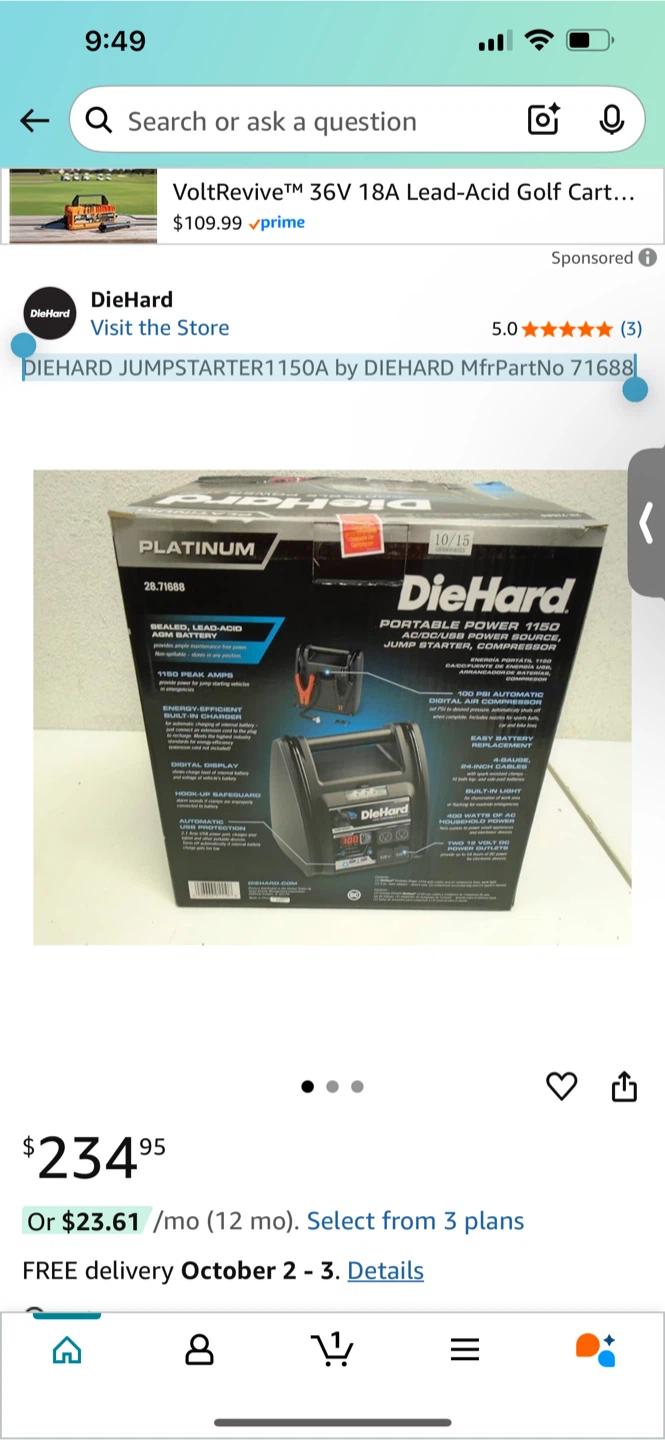 DieHard 750 Peak Amps Portable Power Jump Starter