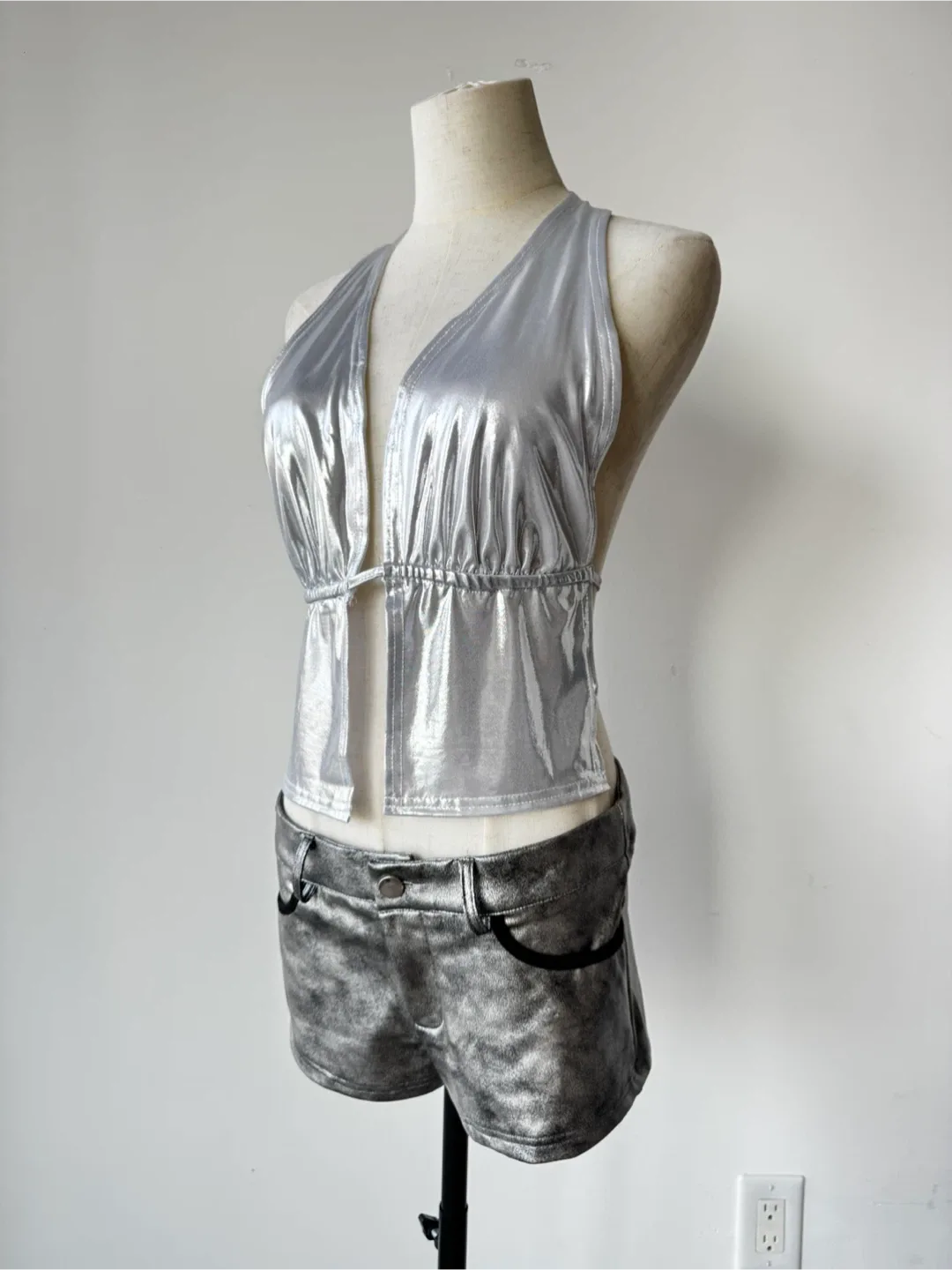 Metallic Silver Halter Top & Shorts Set - Size M thumbnail