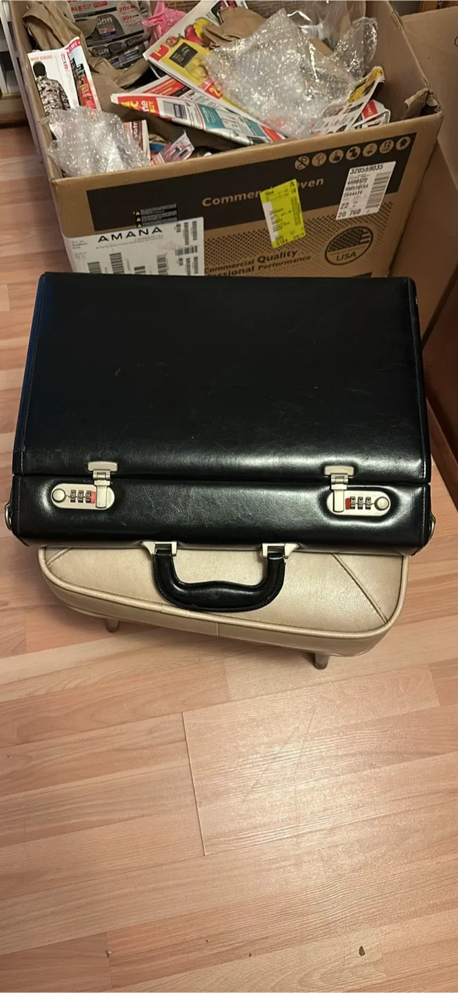 Vintage Black Briefcase & Beige Ottoman thumbnail
