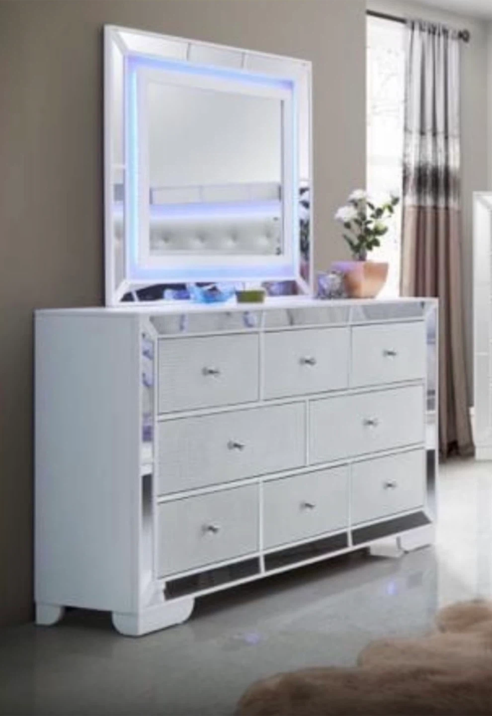 White Mirrored Dresser with LED Mirror