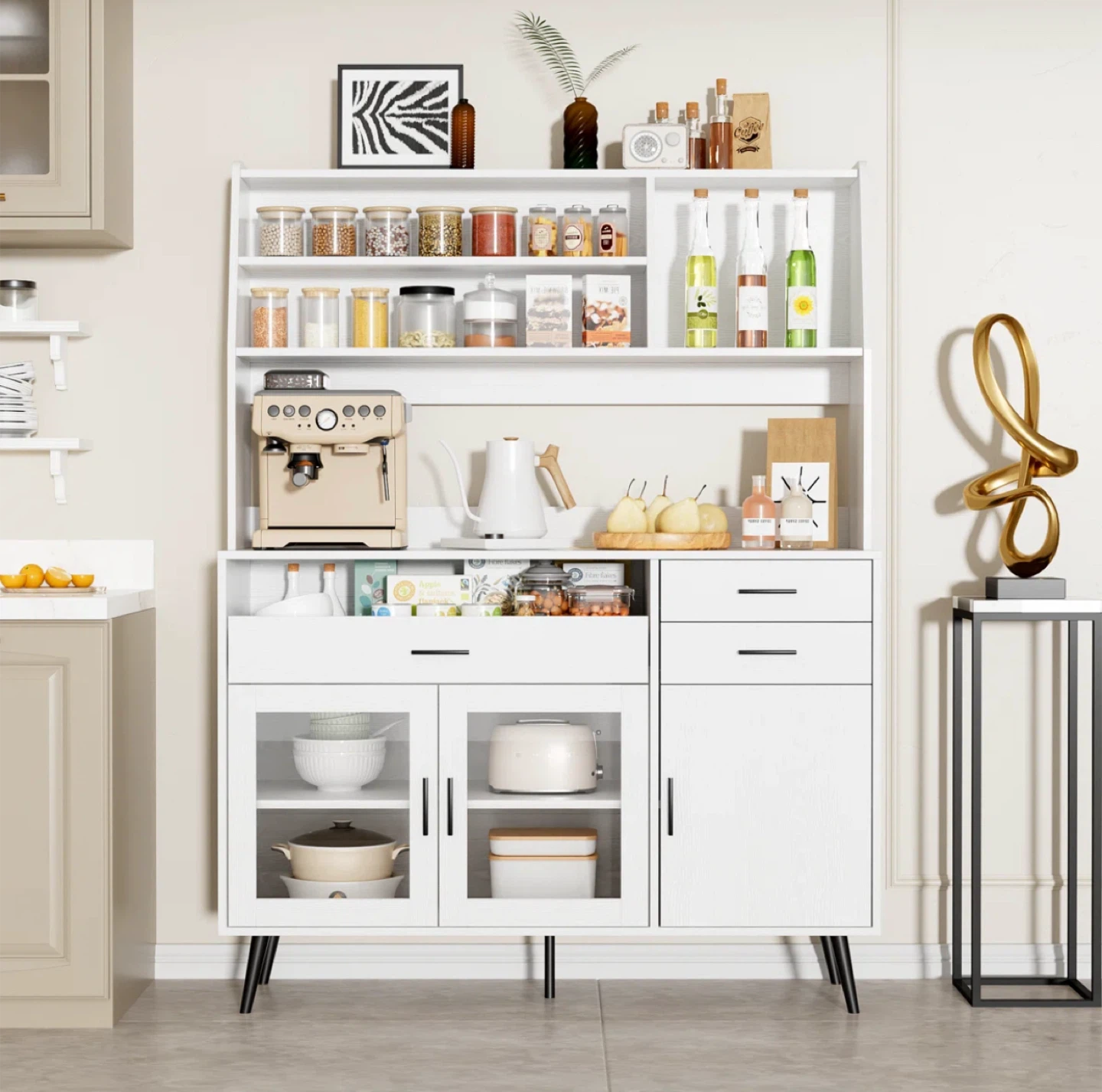 White Kitchen Hutch with Storage Cabinet