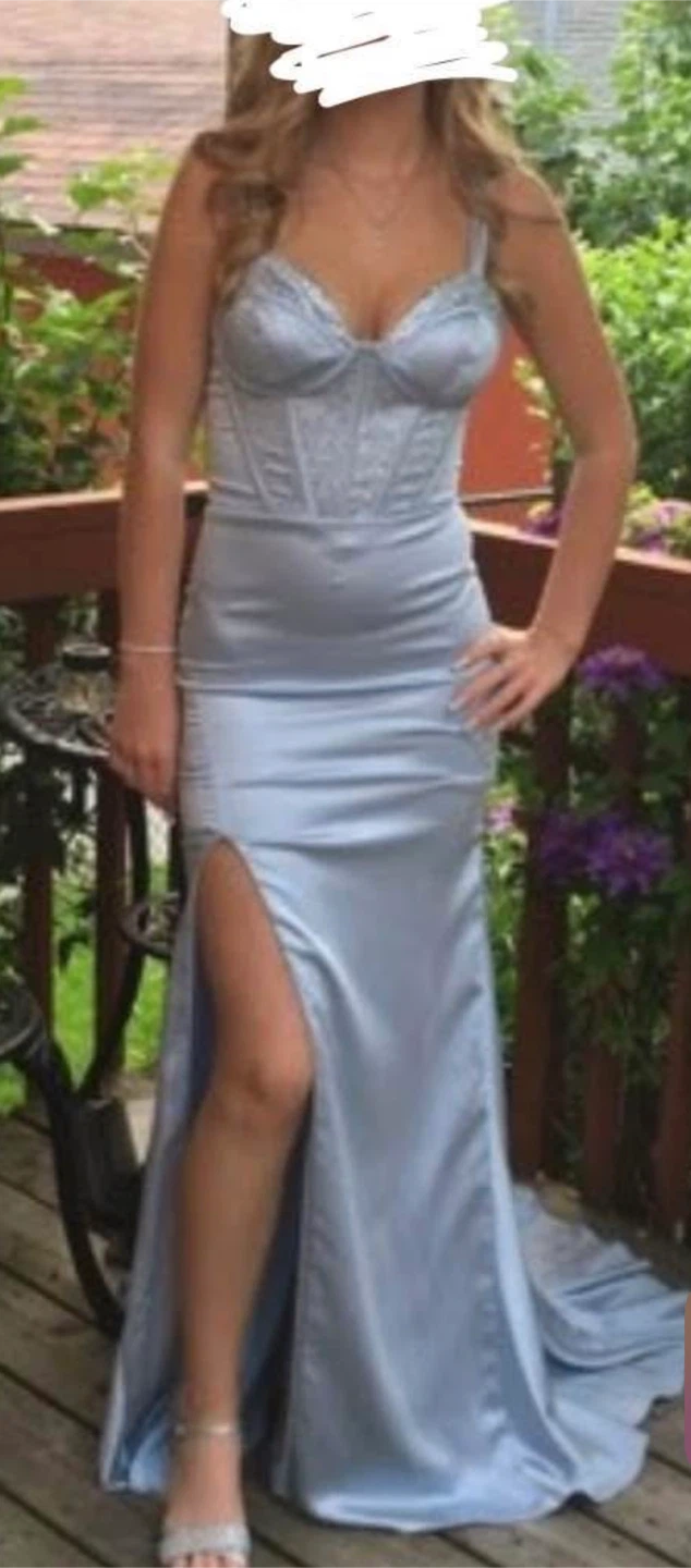 Blue Corset Slit Formal Dress rhinestoned