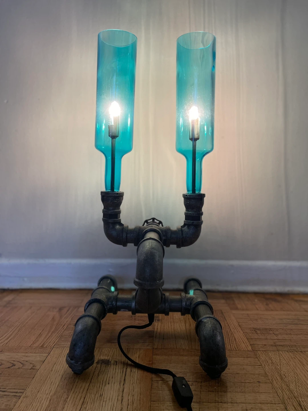 Industrial Pipe Lamp with Blue Glass