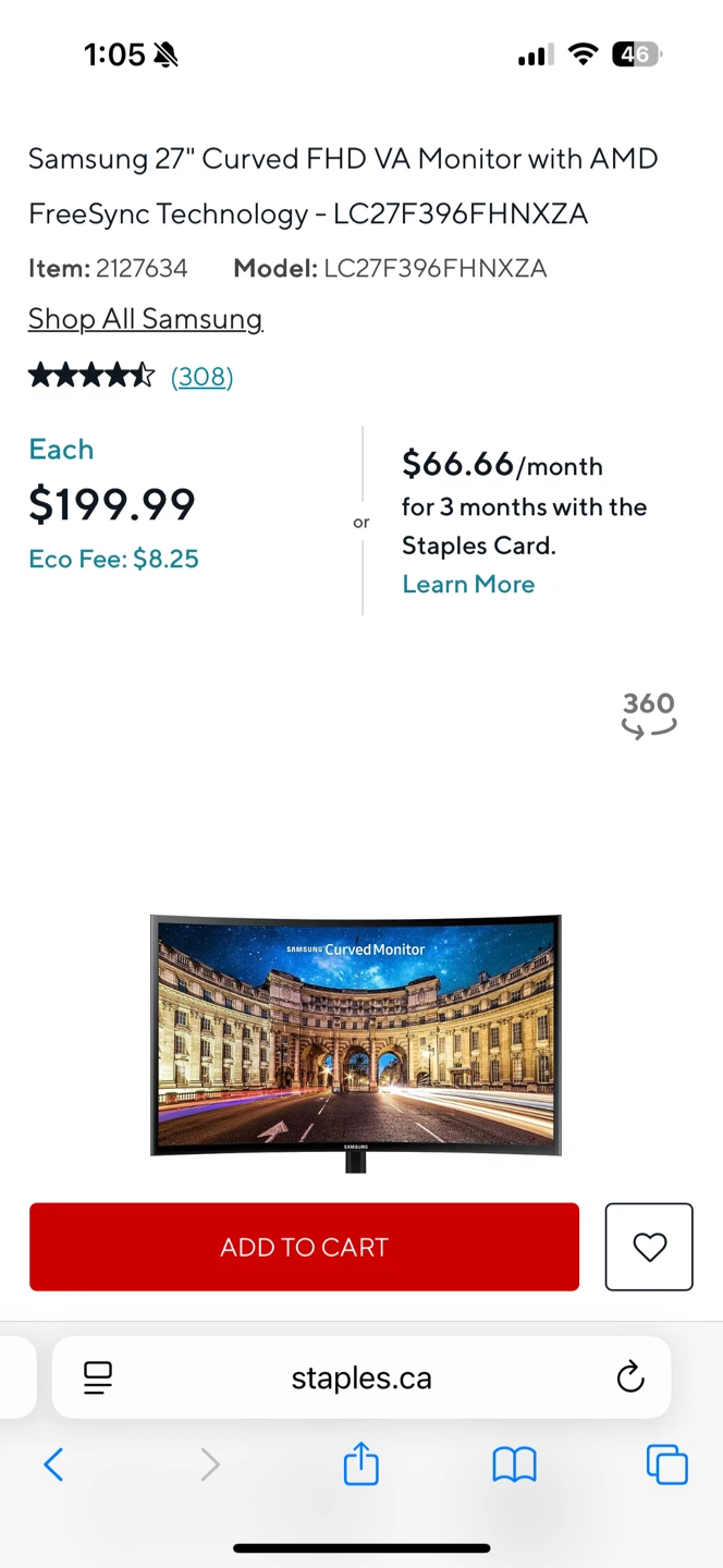 Samsung 27" Curved FHD Monitor LC27F396HNXZA