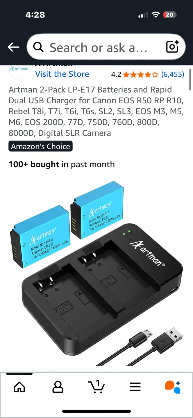 Artman LP-E17 Batteries + Dual USB Charger thumbnail