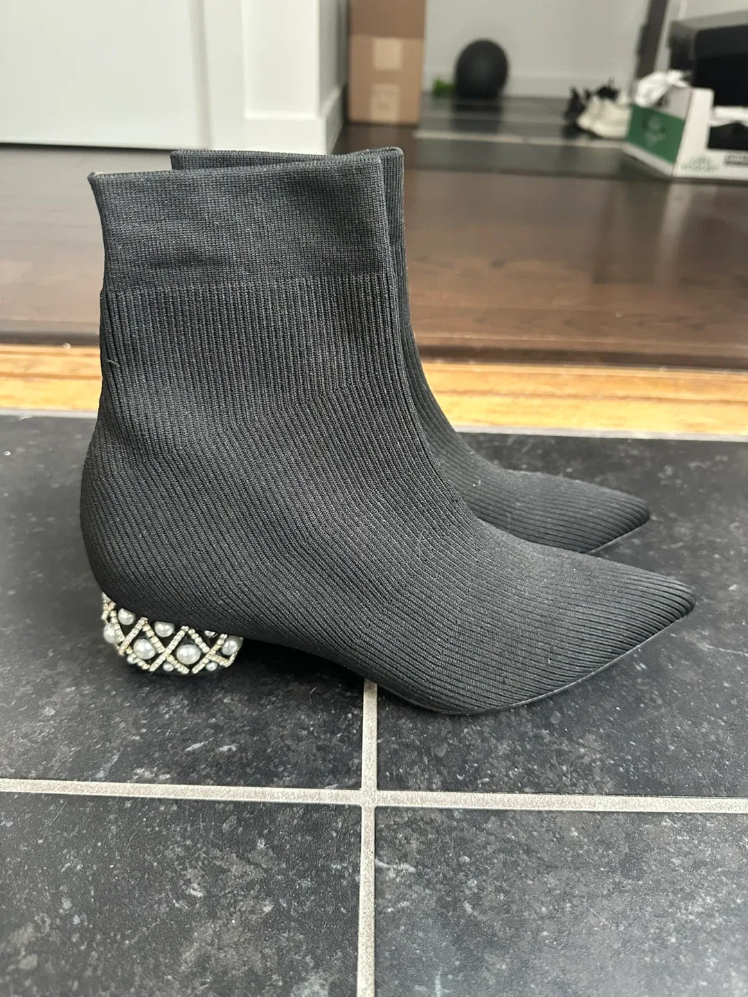 Black Sock Boots with Pearl Heel Detail thumbnail