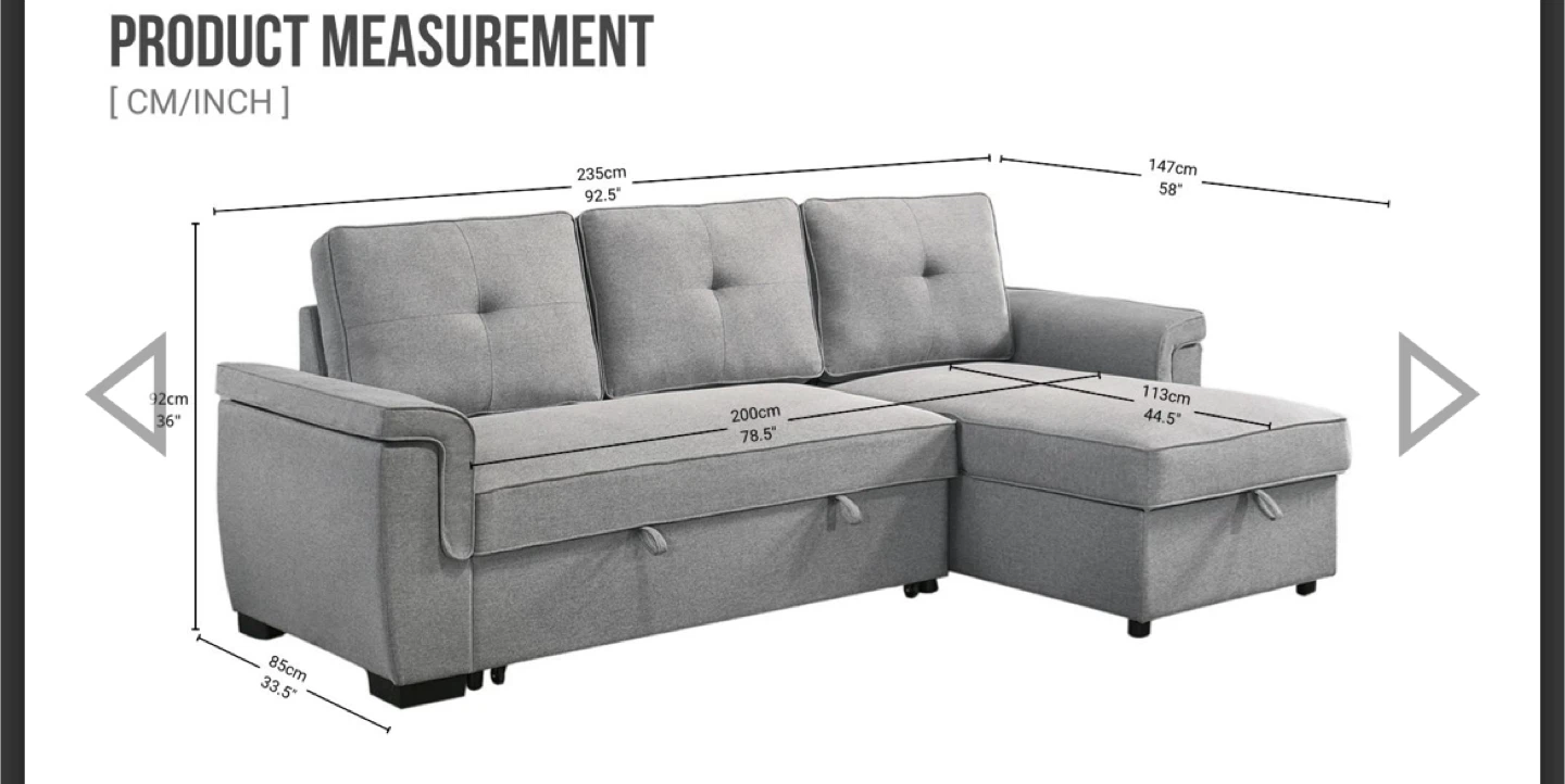 Grey Sectional Sofa with Pull Out Bed & Storage