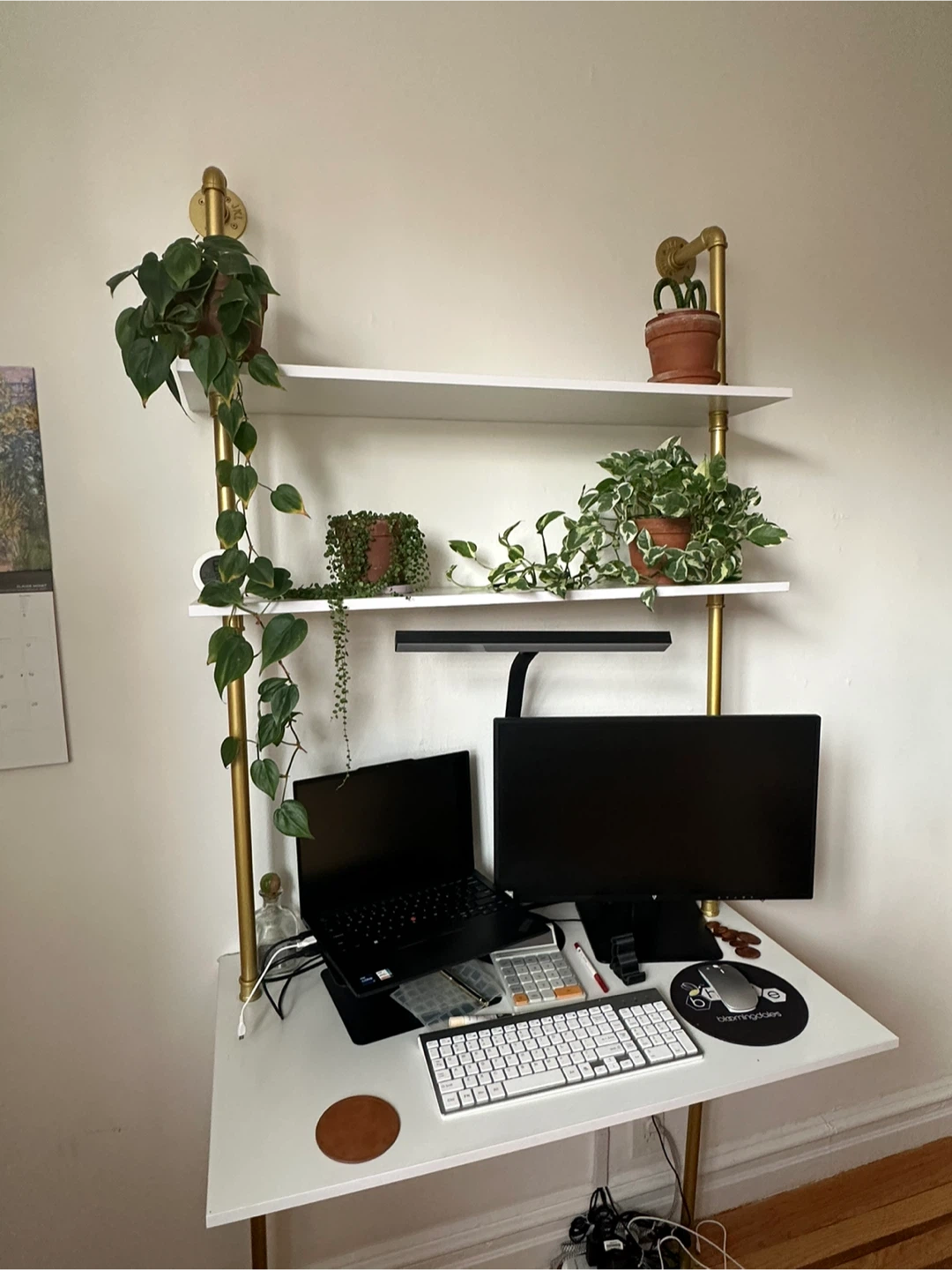 Gold Pipe Wall Mounted Desk with White Shelves