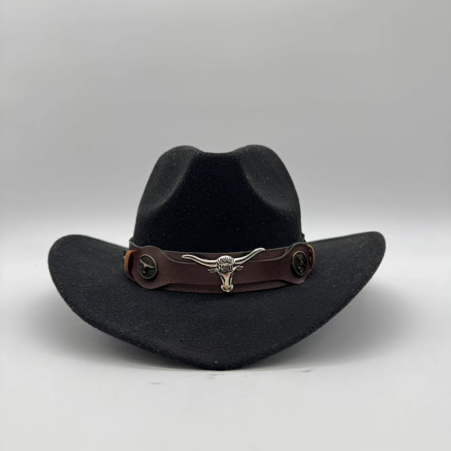 Black Cowboy Western Hat Size 58 , Leather Band, Bull Emblem thumbnail