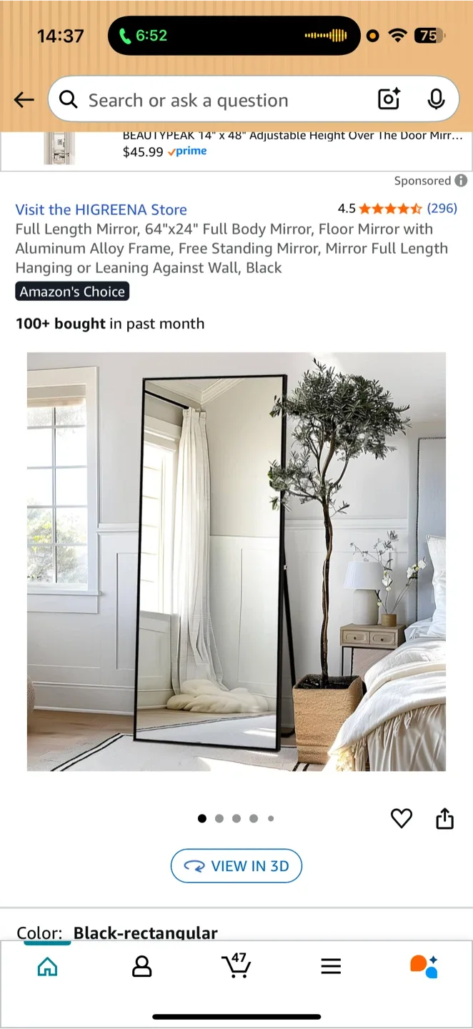 Full Length Mirror 64"x24" Black image indicator(2)