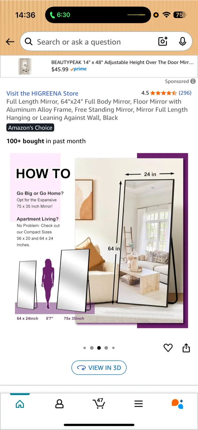 Full Length Mirror 64"x24" Black image indicator(3)