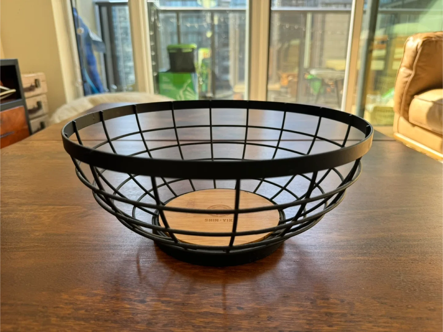 Black Wire Fruit Bowl with Wood Base thumbnail