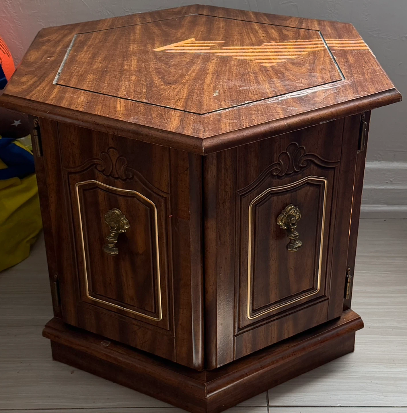 Hexagonal Wood Side Table with Storage and fish tank - photo 2