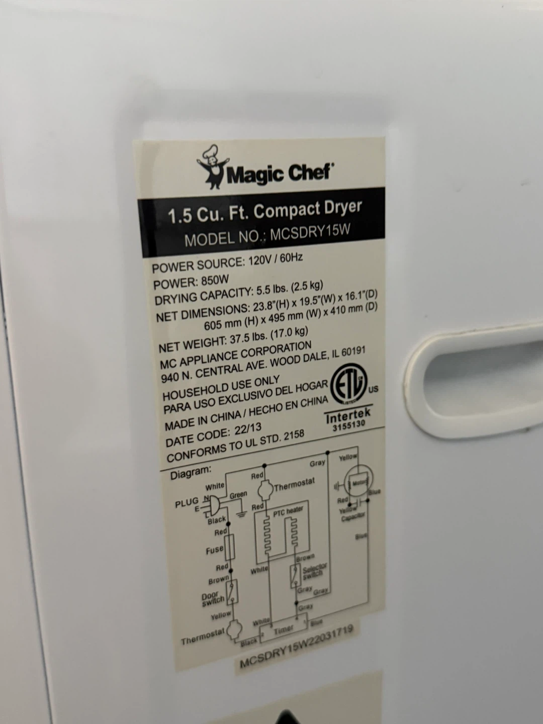 Magic Chef 1.5 Cu. Ft. Compact Dryer - photo 3