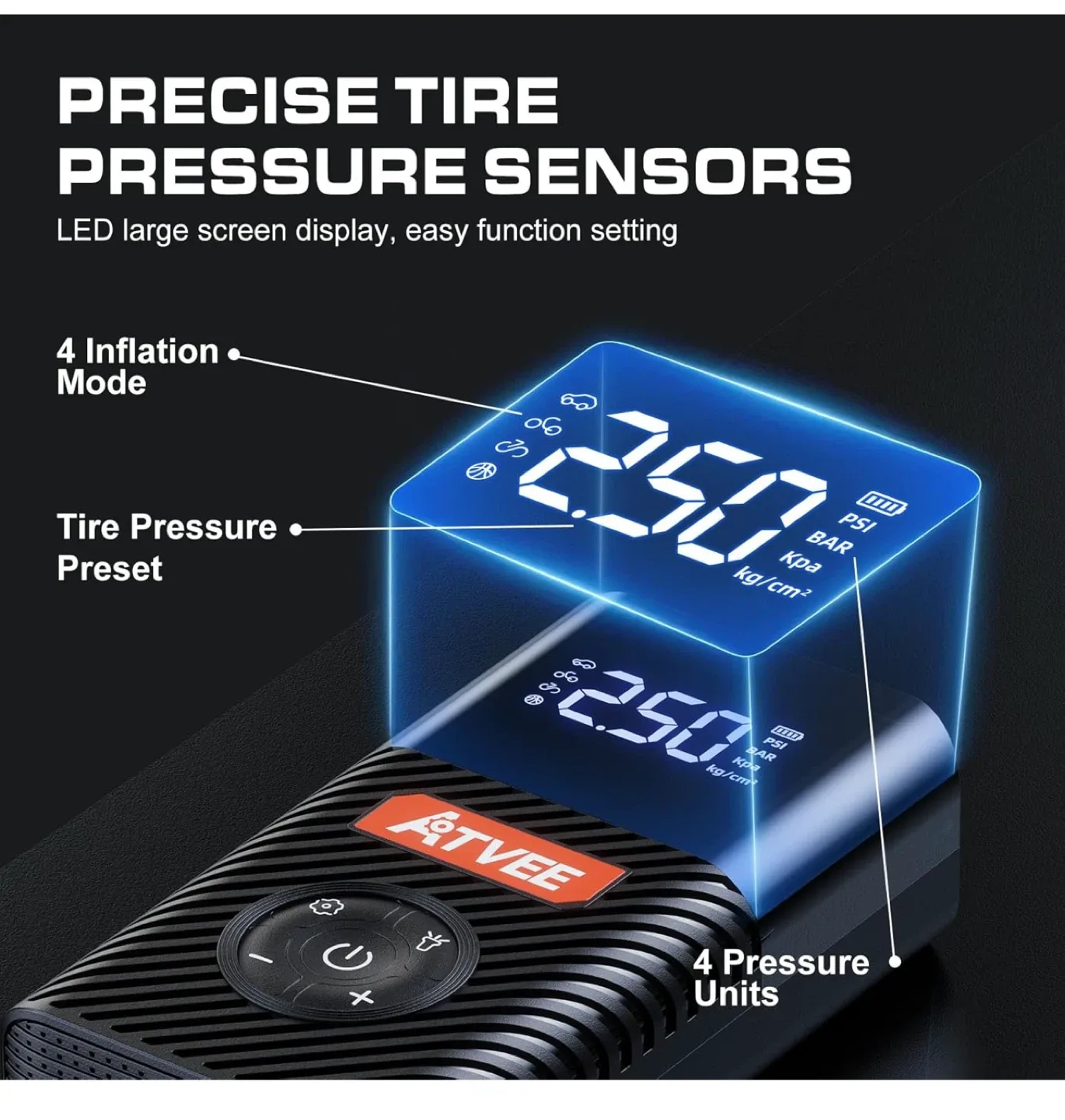 ATVEE Cordless Tire Inflator - Portable Air Compressor image indicator(4)