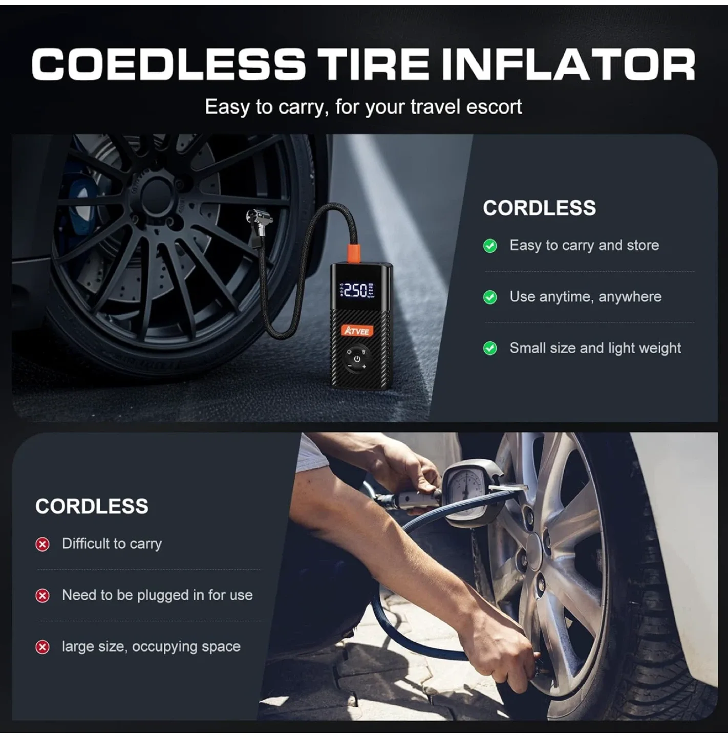 ATVEE Cordless Tire Inflator - Portable Air Compressor image indicator(3)